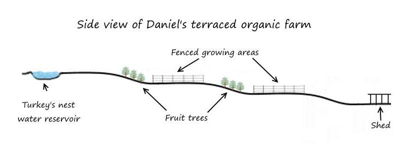 Side view diagram of terraced organic farm in Australia